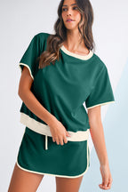 Black Colorblock Edge Drop Shoulder T Shirt and Skort 2Pcs Set