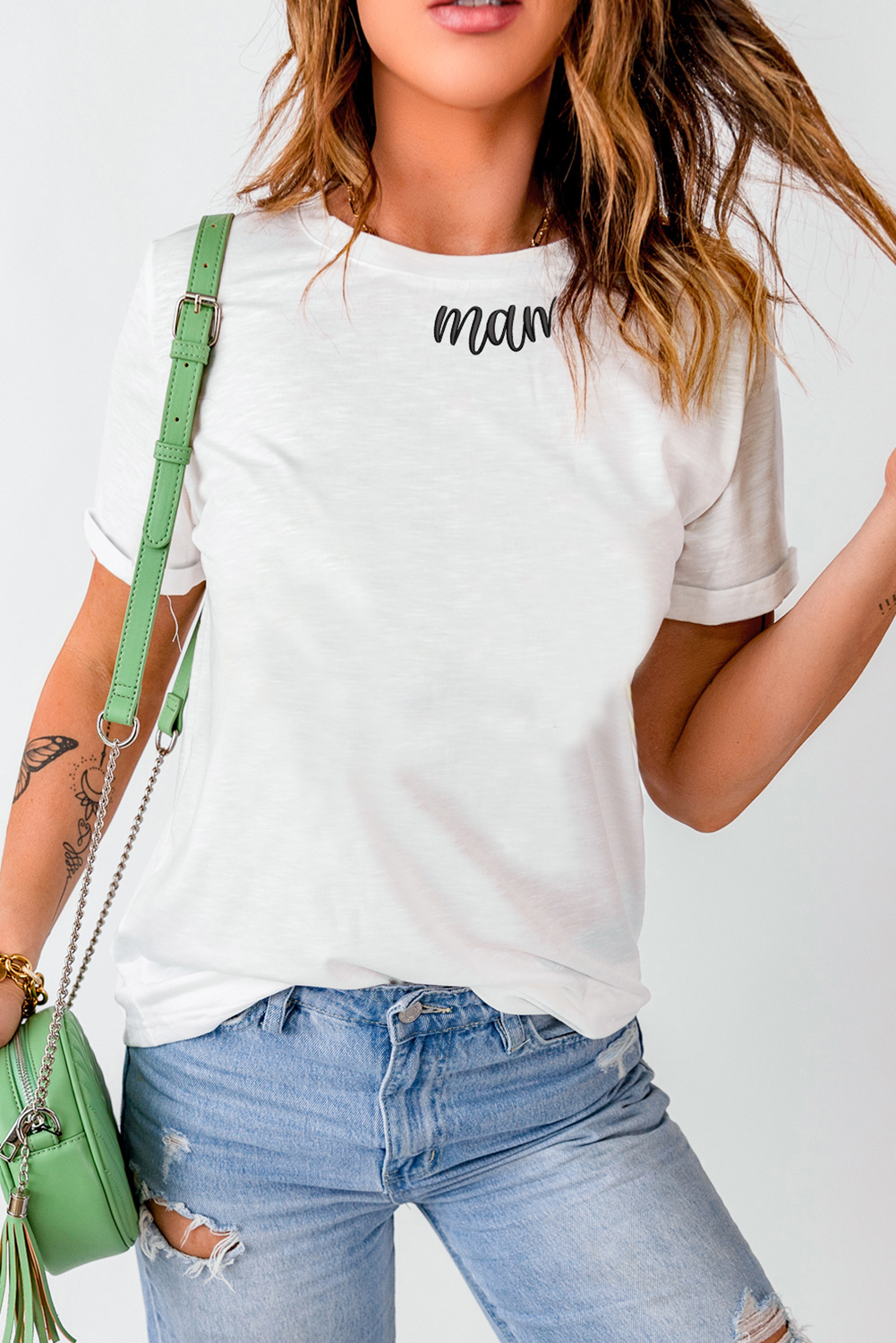 White mama Heart Print Crew Neck T Shirt