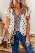 White Boho Pattern Tiered Ruffled Sleeve V Neck Buttoned Blouse