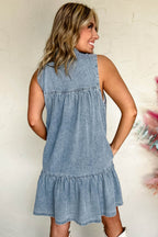Real Teal Bowknot Neck Ruffled Sleeveless Chambray Dress