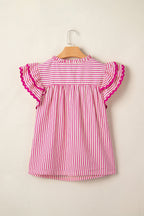 Rose Stripe Shirred Yoke Ruffled Short Sleeve Blouse