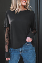 Light Pink Solid Color Bow Textured Patchwork Long Sleeve Tee