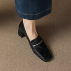 Women’s Sheepskin Square Toe Chunky Heel Pumps