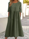 Plus Size Cotton Linen Midi Dress | Round Neck Pocket Dress