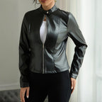 Women's Solid Color Long Sleeve Stand Collar Faux Leather Blazer