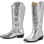 Mysoft Womens Size 8.5 Silver Faux Leather 1.5" Block Heel Western Cowboy Boots