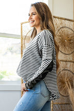 Khaki Stripe Thermal Knit Drop Shoulder Casual Top