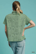 Umgee Patch Lace Short Sleeve Button Down Shirt