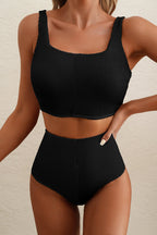 Black Corded Solid Square Neck Bikini Swimsuit