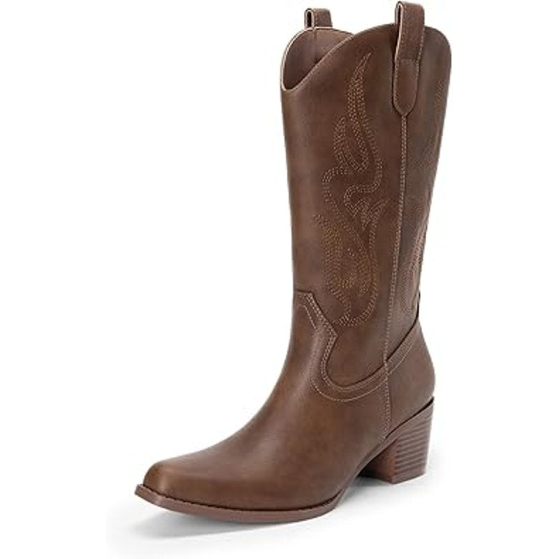 Dream Pairs Womens Size 8 Brown Faux Leather Embroidered 2.5" Heel Cowboy Boots