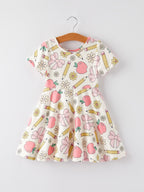 Back to School Apple, Pencil, and Floral Print Girls Dress