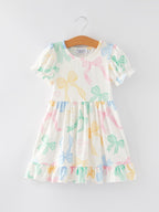 Colorful Spring Bow Print Puff Sleeves Girls Dress