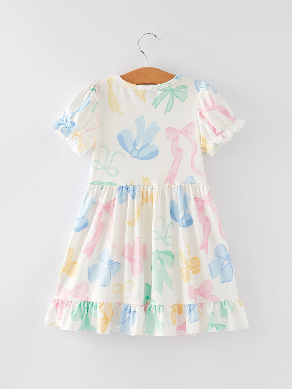 Colorful Spring Bow Print Puff Sleeves Girls Dress
