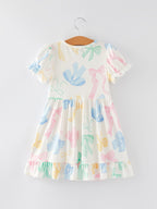 Colorful Spring Bow Print Puff Sleeves Girls Dress