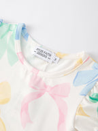 Colorful Spring Bow Print Puff Sleeves Girls Dress
