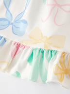 Colorful Spring Bow Print Puff Sleeves Girls Dress