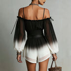 Off-Shoulder Ombre Puff-Sleeve Chiffon Jumpsuit with Belt