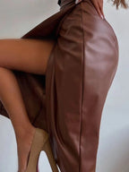 Slit Leather Midi Skirt