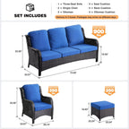 Five Piece Outdoor Wicker Patio Set With Cushions Navy Blue