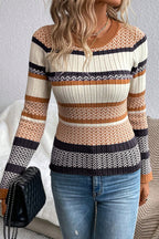 Brown Stripe Chevron Pattern Knitted Ribbed Trim Slim Fit Sweater