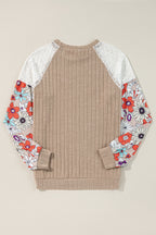 Parchment Floral Patchwork Long Sleeve Ribbed Blouse