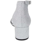 New London Fog Womens 7.5 Silver Glitter 2" Block Heel Open Toe Ankle Strap Shoe