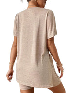 Slit Round Neck Short Sleeve Oversized Top and Shorts Set