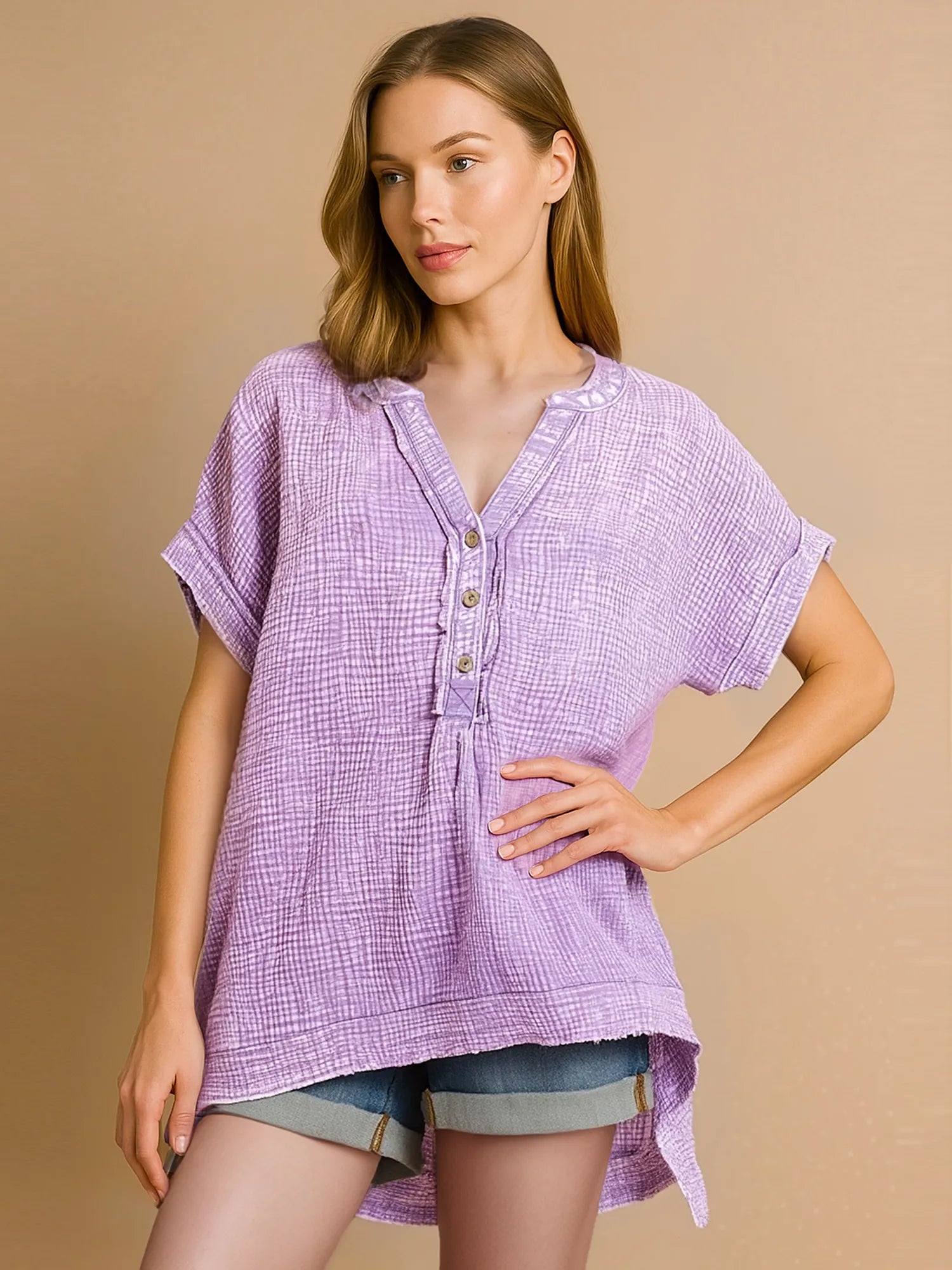 Zenana Washed Double Gauze 3/4 Button Henley Neck Shirt