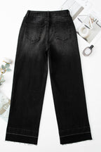 Black Raw Hem Unique Cuffs Straight High Rise Loose Jeans
