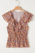 Red Floral Print Knot V Neck Ruffled Sleeve Blouse