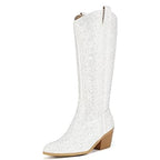 Idifu Womens Size 9 White Silver Rhinestone 3" Block Heel Cowboy Western Boots