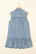 Real Teal Bowknot Neck Ruffled Sleeveless Chambray Dress