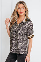 Khaki Leopard Print Half Zip Striped Trim Patchwork Short Sleeve Top