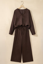 Dark Brown Braided V Neck Long Sleeve Loose Top and Drawstring High Waist Pants 2pcs Outfit