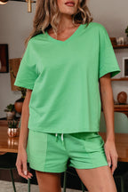 Mint Green V Neck Drop Shoulder Tee and Patchwork Drawstring Shorts Set