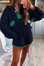 Red Dahlia Colorblock Patchwork Half Button Pullover and Shorts Outfit