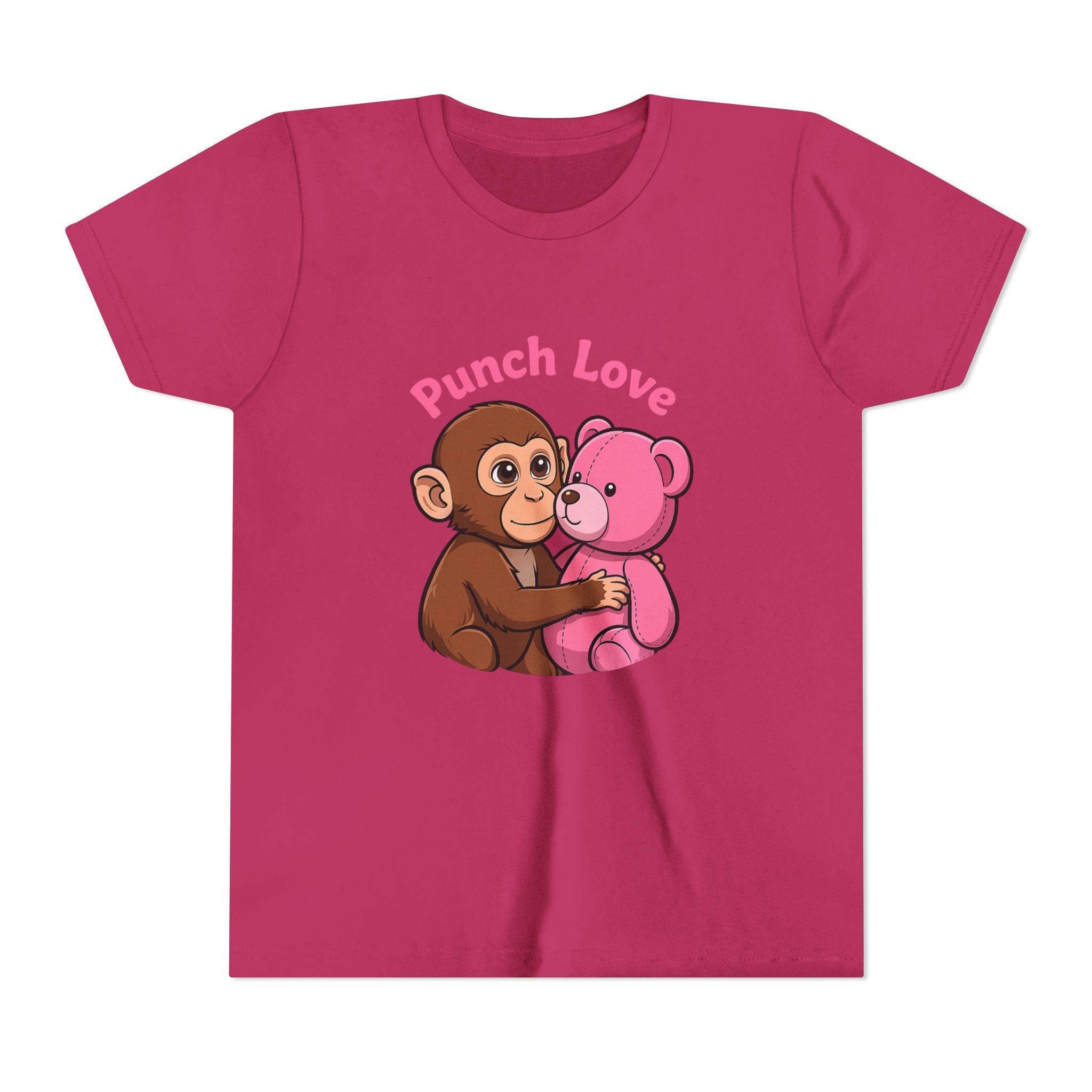 Youth Tee — "Punch Love" Monkey Hugging Pink Teddy Cute Kids Valentine Shirt