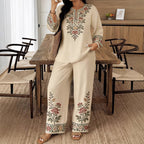 Women’s Ethnic Two Piece Set with Long Sleeve Shirt and Cropped Pants