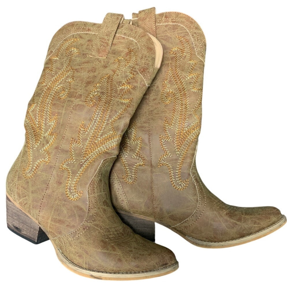 Rollda Womens Size 8 Rugged Brown Embroidered 2" Block Heel Western Cowboy Boots