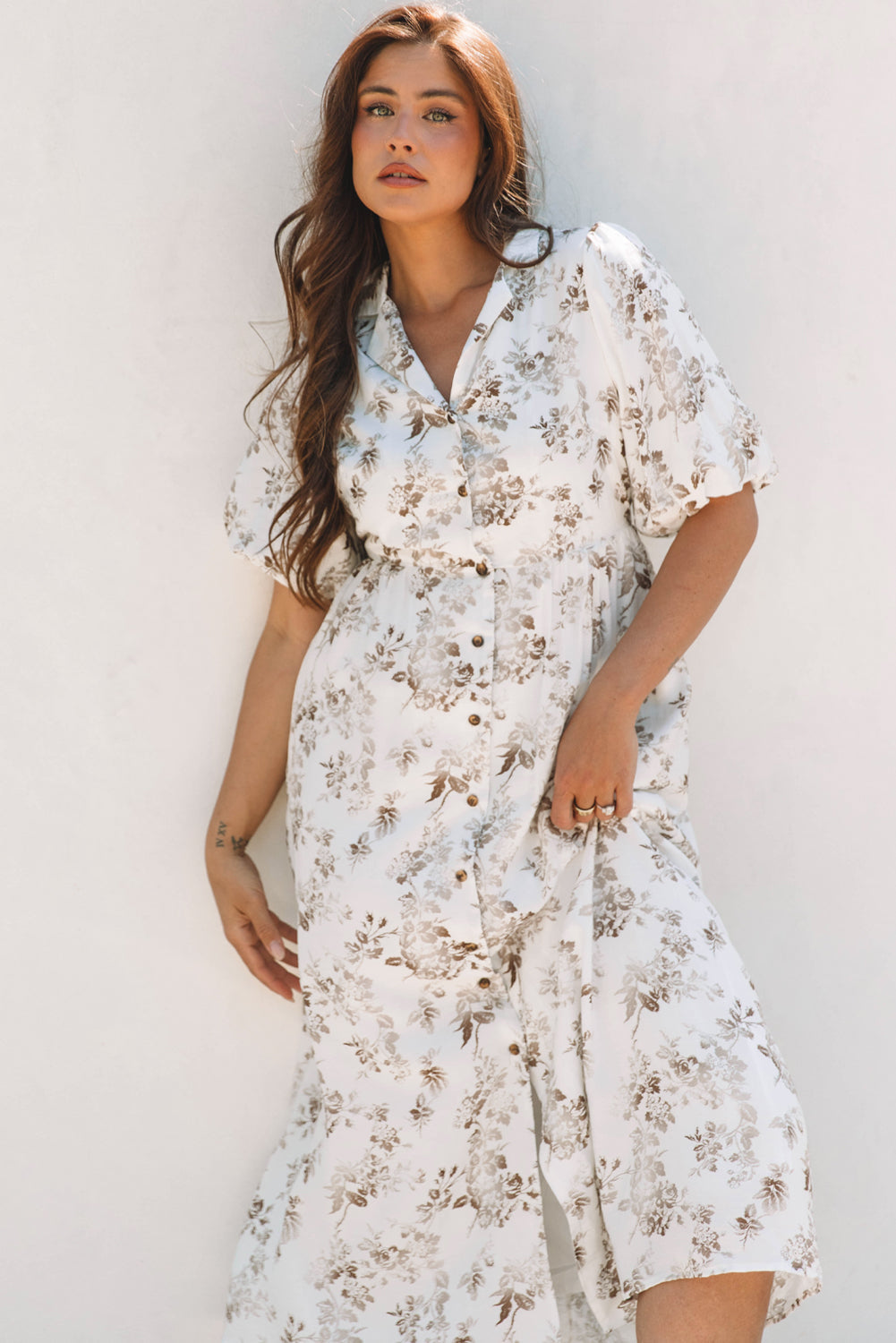 Khaki Floral Puff Sleeve V Neck Buttoned Front Maxi Dress
