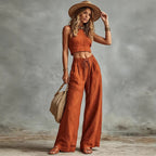 Women's Sleeveless Vest & Drawstring High-Waist Wide-Leg Pants Set