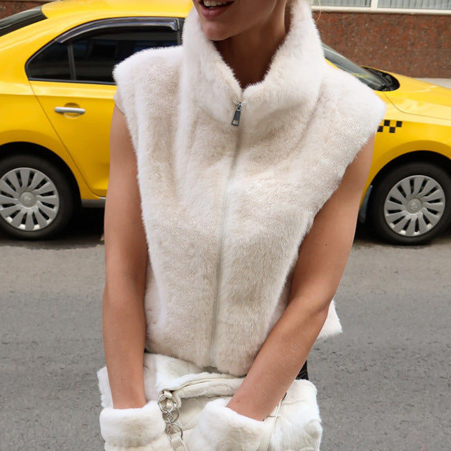 Faux Fur Stand Collar Sleeveless Top Cardigan Solid Color Zipper Vest Women's Vest