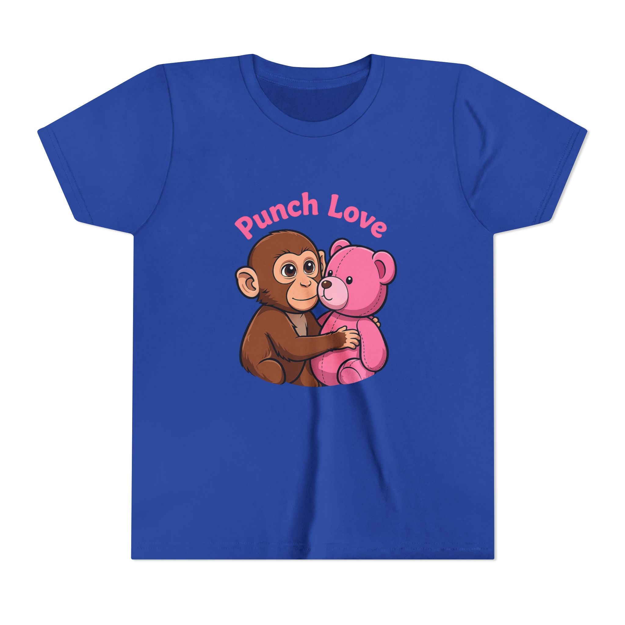 Youth Tee — "Punch Love" Monkey Hugging Pink Teddy Cute Kids Valentine Shirt