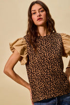 SO ME Leopard Pointelle Knit Top with Puff Sleeves