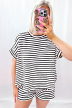 Pink Striped Print Short Sleeve Top and Pocket Shorts Set