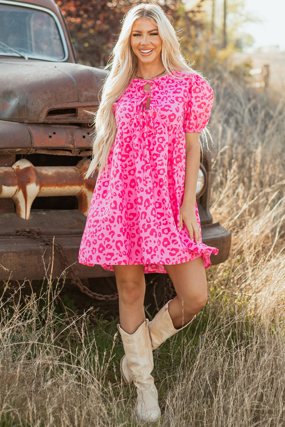 Rose Leopard Puff Sleeve Tie Front High Waist Mini Dress