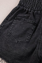 Black Smocked High Waist Mineral Washed Jean Shorts