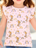 Children's Bunny & Rainbow Print Ruffle Sleeve T-Shirt