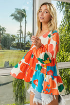 BiBi Floral Woven Tiered V Neck Top