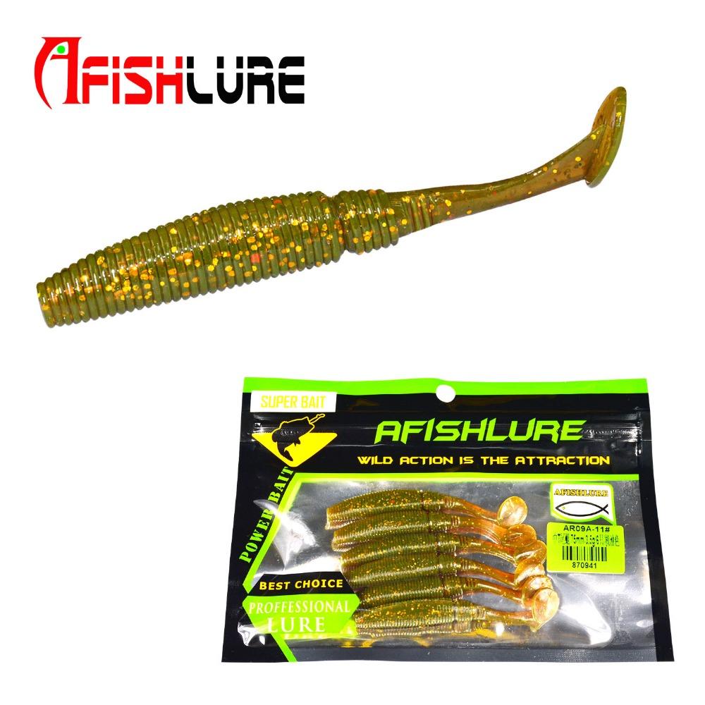 AFISHLURE 6pcs/lot T Tail Soft Worm 3.2g 75mm Paddle wobbler fishing lure for bass Fishing Bait Grub Swimbait